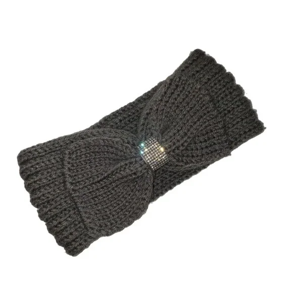 Gray Crochet Headband with Rhinestone Detail Bow - Picture 1 of 8